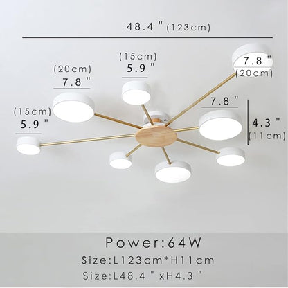LED Ceiling Light Fixture,48 Inch 8-Lights Modern Ceiling Lights Flush Mount Wooden 64W Dimmable Chandelier for Living Room Bedroom Kitchen,3000K/4000K/6000K Temperatures Selectable White