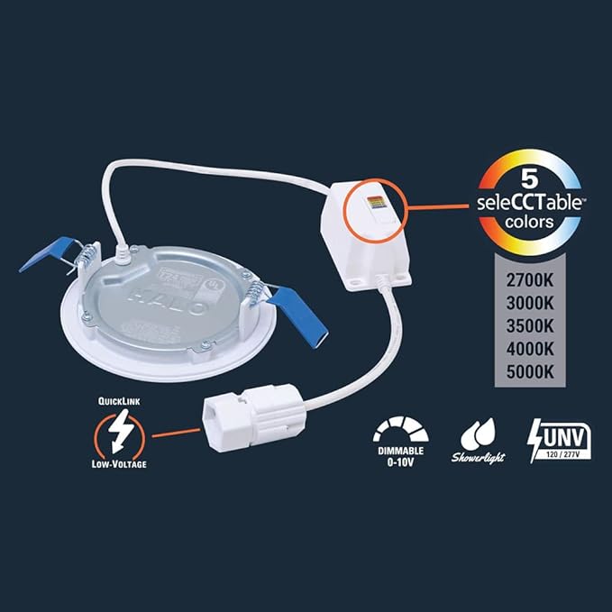HALO Quicklink 4 Inch Canless Ultra-Thin Recessed Lighting LED Wafer Light for Ceiling and Shower - 1 Pack Add on Fixture - 605 Lumens - 5 Selectable Color Temperatures, 0-10V Commercial Dimming