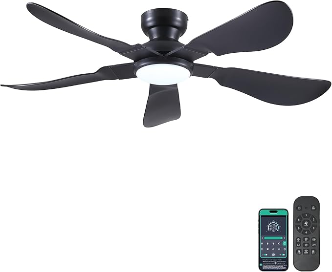 Kviflon 52 Inch Modern Ceiling Fans with Lights, Flush Mount Ceiling Fan with Light and Remote/APP Control, 5 Reversible 6 Speeds Curved Blades, 3 CCT Dimmable Lights for Bedroom, Black