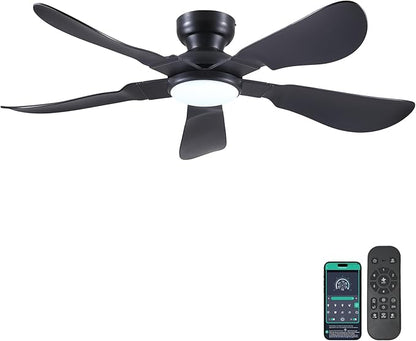 Kviflon 52 Inch Modern Ceiling Fans with Lights, Flush Mount Ceiling Fan with Light and Remote/APP Control, 5 Reversible 6 Speeds Curved Blades, 3 CCT Dimmable Lights for Bedroom, Black