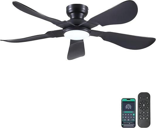Kviflon 52 Inch Modern Ceiling Fans with Lights, Flush Mount Ceiling Fan with Light and Remote/APP Control, 5 Reversible 6 Speeds Curved Blades, 3 CCT Dimmable Lights for Bedroom, Black