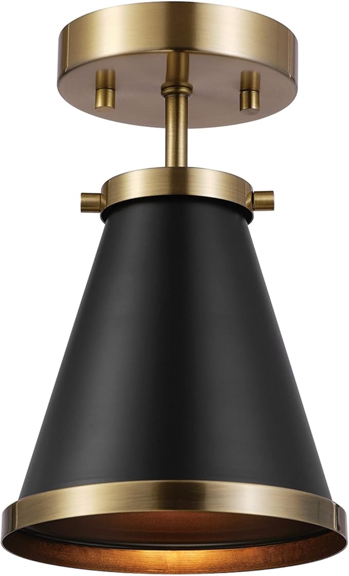 GLOBE Electric x Novogratz 65789 1-Light Semi-Flush Mount Ceiling Light, Matte Black, Brass Accent, Bedroom Lighting Fixtures Ceiling, Dining Room Fixture, Lighting for Hallway or Dining Room