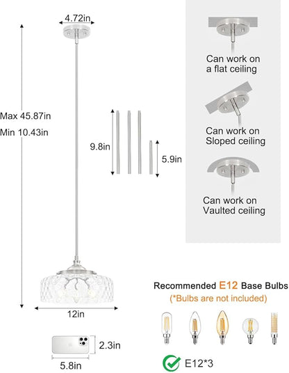 Brushed Nickel 3-Light Pendant Lights Kitchen Island, Modern Hammered Glass Kitchen Pendant Lighting Over Island, Adjustable Hanging Bathroom Light Fixtures for Hallway Entryway Dining Room,E12*3