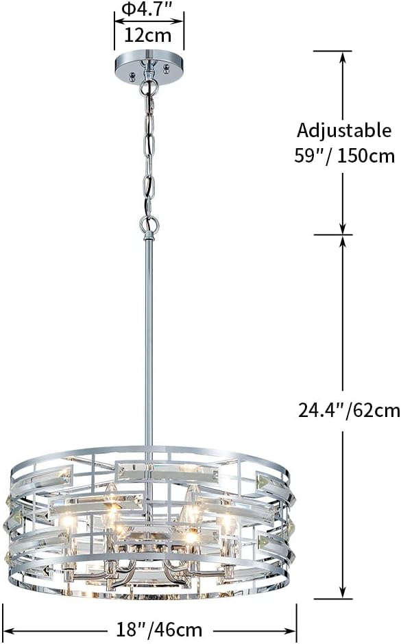 Saint Mossi Modern K9 Crystal Chandeliers, Drum Pedant Light Fixture for Living Space, D18 x H24, Adjustable Chains 59", Chrome Finish Metal Frame