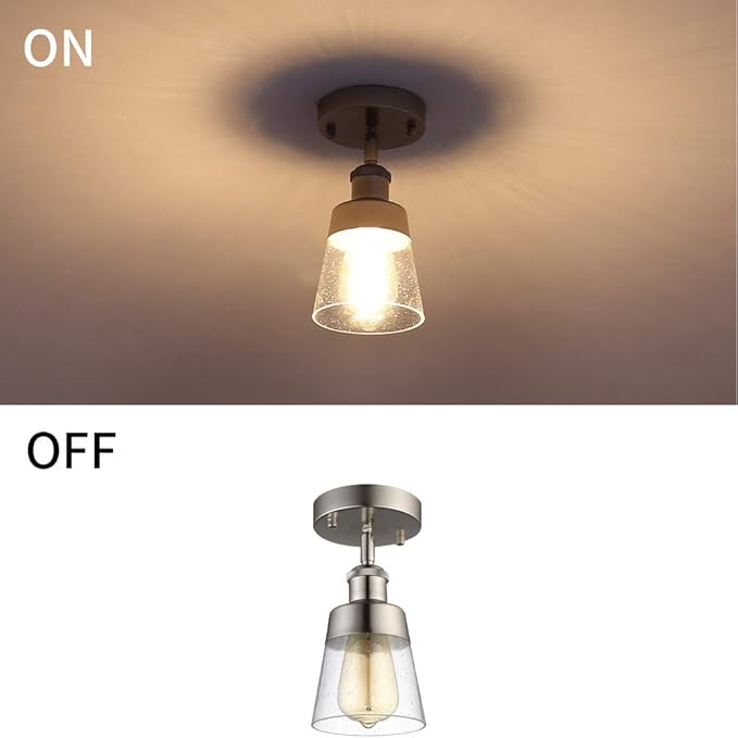 Fivess Lighting Modern Glass Flush Mount Light Fixture Mini Clear Seeded Glass Shade Semi Flush Mount Ceiling Light for Hallway Living Room Bedroom Kitchen Entryway, Brushed Nickel