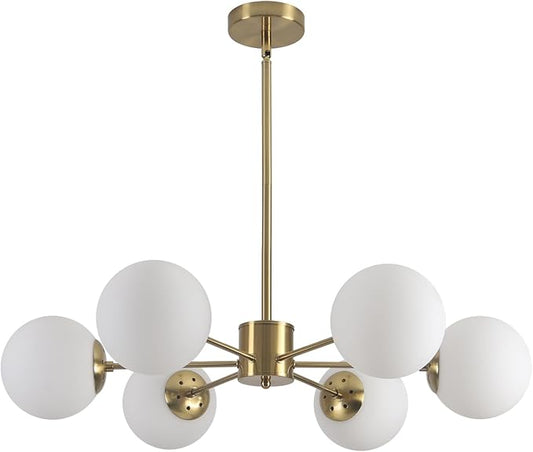 KCO Lighting Gold Sputnik Chandelier 6 Lights Milk Glass Chandelier Brass Kitchen Ceiling Light White Globe Pendant Light Mid Century Modern Dining Room Light Fixtures