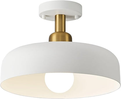 Modern Semi Flush Mount Ceiling Light,Mid Century Hallway Ceiling Light Fixture,E26 Ceramic Lamp Head,White and Gold Light Fxiture Ceiling for Kitchen Entryway Bedroom Hall Entry (12.6 in)