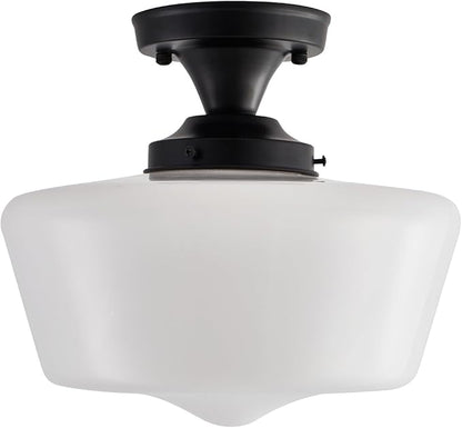youngrender Semi Flush Mount Ceiling Light, Black Schoolhouse Milk Glass Light Fixture, Vintage Farmhouse Ceiling Light for Kitchen Hallway Entryway Bedroom Dining Room, E26
