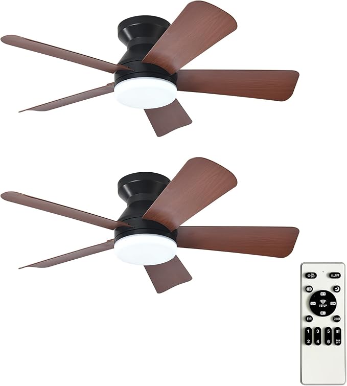 Depuley 35-Inch Ceiling Fan with Light: Walnut 5 Blade Low Profile Small Fans for Kitchen Bedroom - Flush Mount Ceiling Fan for Indoor/Outdoor with Remote Control Reversible Timer - 2 Packs