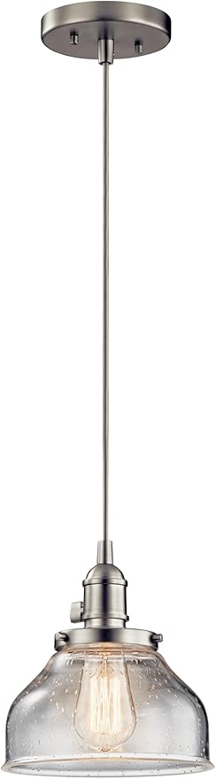 Kichler Avery 1-Light Bell Mini Pendant Light Fixture with Clear Seeded Glass in Brushed Nickel for Kitchen Island Lighting or Dining Room Hanging Lamp (8.5" x 8"), 43850NI