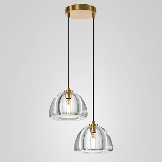 2 Head of Hemispher K9 Crystal Pendant Light with Brass Rod,7.1" Dimmable Contemporary Light Above Dining Table,Modern Ceiling Hanging Lighting for Bedroom E12 Bulbs Included
