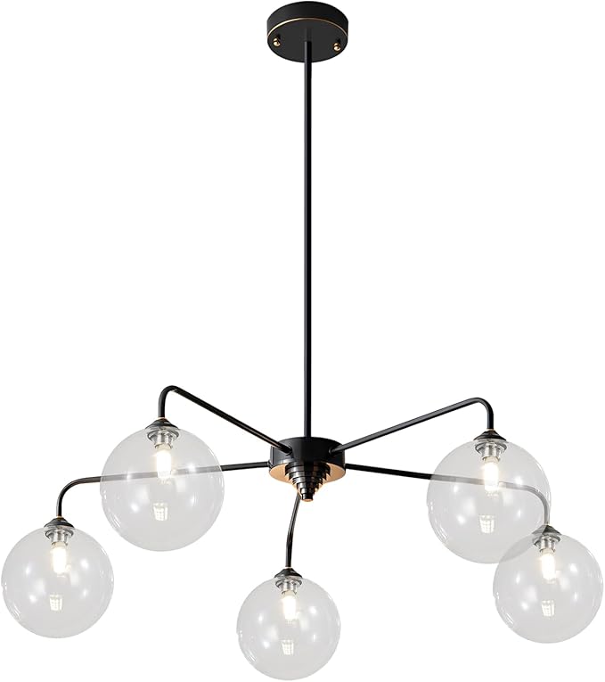 Mid Century Modern Sputnik Chandelier 5 Light Black Chandelier Clear Glass Globe Sputnik Chandelier for Dining Room Bedroom Kitchen