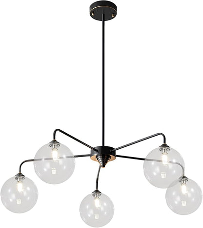 Mid Century Modern Sputnik Chandelier 5 Light Black Chandelier Clear Glass Globe Sputnik Chandelier for Dining Room Bedroom Kitchen
