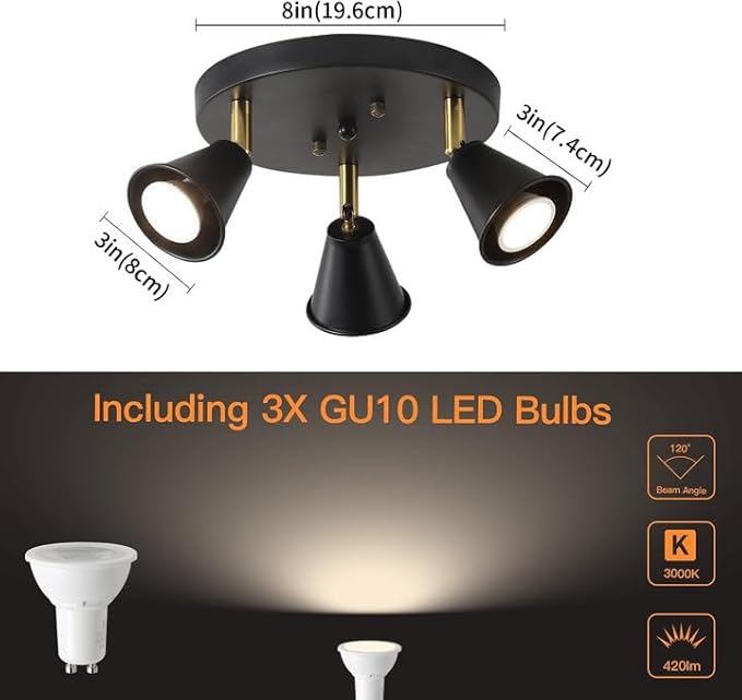3-Light Industrial Directional Track Lighting, Adjustable Round Ceiling Spotlight, Morden Black Flush Mount Kitchen Light for Kitchen,Hallway,Dining Room,Porch,Office.Gu10 Bulbs Included