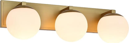Gold Bathroom Vanity Light Fixtures, 3-Light Globe Bathroom Lighting Fixtures Over Mirror, Modern Wall Lights for Living Room, Long Backplate, Standard E26 Base, Aged Brass