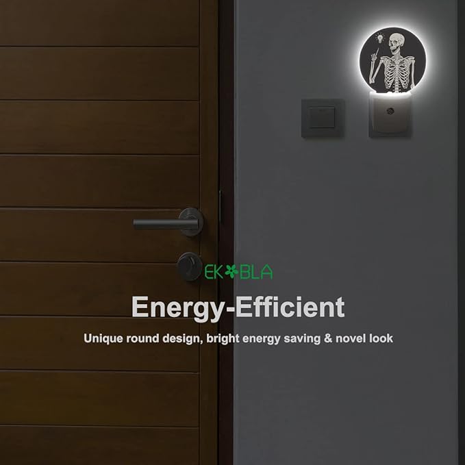 EKOBLA Skull Plug-in Night Light, Rock Music Pose Skeleton LED Nightlight with Auto On/Off for Halloween Holiday Gifts
