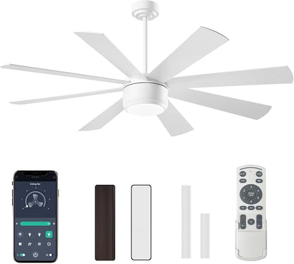 App Commercial Industrial Ceiling Fan with Lights and Remote Control, 8 Blade Reversible Stepless Brightness and Color Temperature (White, 60 Inch)