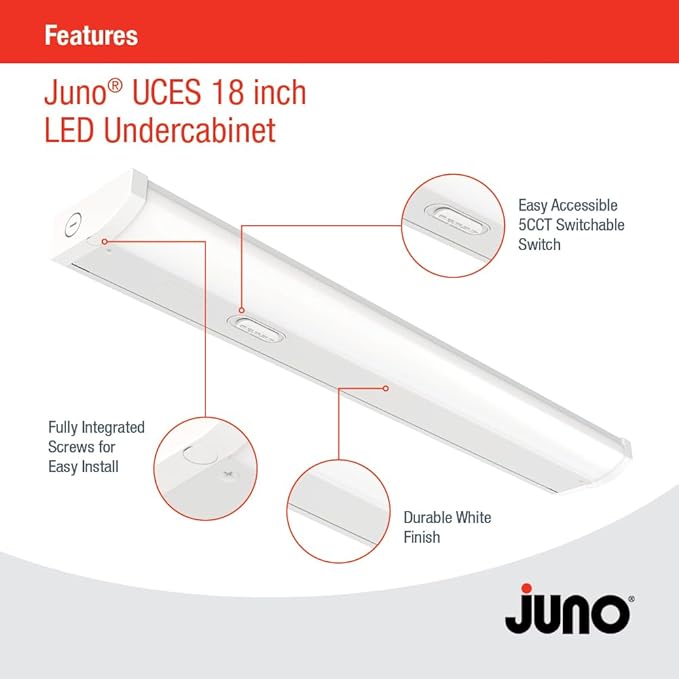 Juno UCES 18 Inch LED Under Cabinet Lighting, LED Kitchen Cabinet Light Fixture Hardwired, Dimmable, Damp Rated, Selectable Soft, Warm, Neutral, Cool, Daylight White Light (UCES 18IN SWW5 90CRI WH M6)
