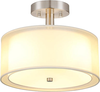 FOLKSMATE Semi Flush Mount Ceiling Light Fixture, Gold 3-Light Drum Light with Double Fabric Shade, Modern Close to Ceiling Lamps for Living Room, Bedroom, Dining Room, Kitchen, Hallway, Entry, Foyer