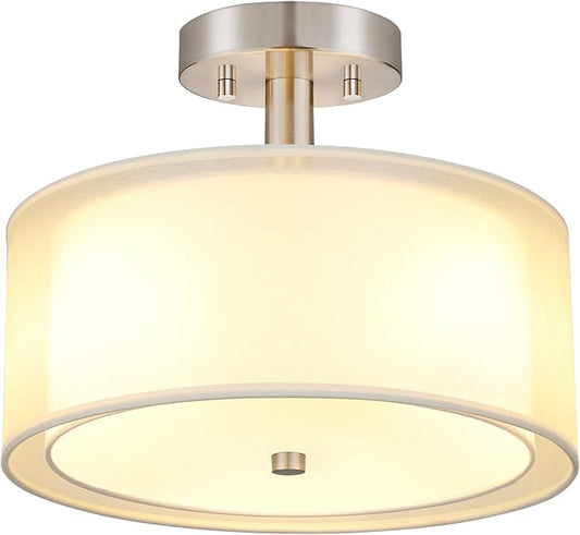 FOLKSMATE Semi Flush Mount Ceiling Light Fixture, Gold 3-Light Drum Light with Double Fabric Shade, Modern Close to Ceiling Lamps for Living Room, Bedroom, Dining Room, Kitchen, Hallway, Entry, Foyer