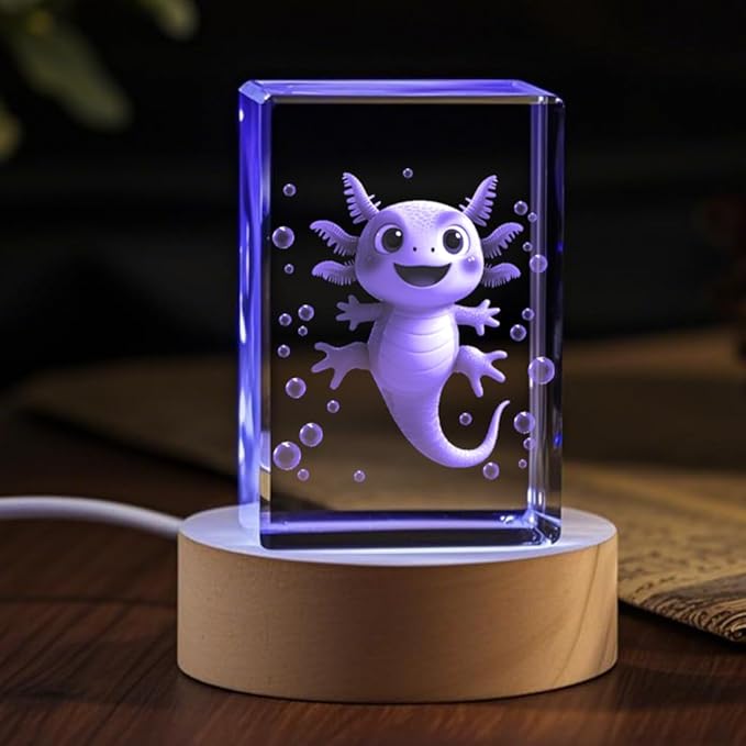 3D Axolotl Crystal Night Light for Kids, Emotional Support Gift for Animal Lovers Christmas Valentines Anniversary