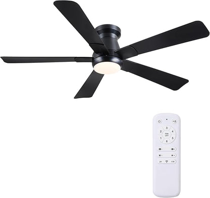Hounberi 52" Flush Mount Ceiling Fan with Lights and Remote, Modern Black Low Profile Ceiling Fan, Quiet Reversible DC Motor, 3CCT Dimmable LED, Ideal for Bedroom, Living Room and Low Ceilings, Black