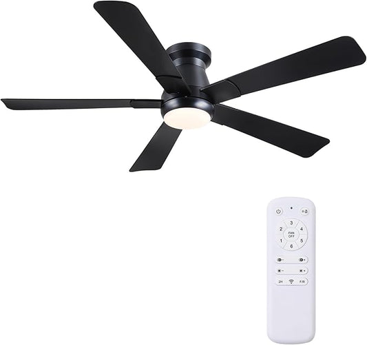 Hounberi 52" Flush Mount Ceiling Fan with Lights and Remote, Modern Black Low Profile Ceiling Fan, Quiet Reversible DC Motor, 3CCT Dimmable LED, Ideal for Bedroom, Living Room and Low Ceilings, Black