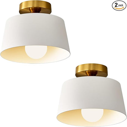 Modern Semi Flush Mount Ceiling Light 2 Pack,Metal Ceiling Light Fixture,E26 Ceramic Lamp Head,White and Gold Ceiling Lamp for Hallway Kitchen Entryway Bedroom Laundry Room (10Inch)