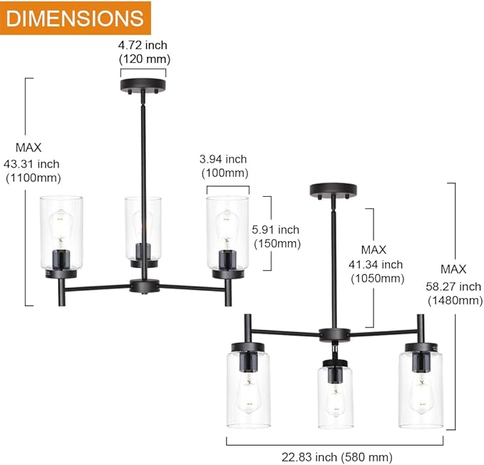 Farmhouse Chandeliers Black 3 Lights with Clear Glass Shades Modern Industrial Pendant Light Dining Room Lighting Fixtures Hanging Adjustable Wire Semi Flush Ceiling Lights