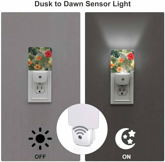 Hibiscus Night Light Exotic Palm Leaf Flowers 0.5W Night Lights Auto LED Lamp Energy Saving Square Lights for Room Bedroom Bathroom