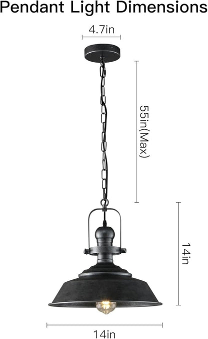 14.2 Inch Silver Black Farmhouse Pendant Light for Kitchen Island, Rustic Industrial Hanging Ceiling Light with Hand-Painted Finish, Modern Bar Lighting for Dining Room & Porch