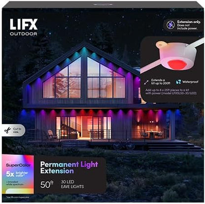 LIFX 50ft Permanent Outdoor Light Extension, Smart RGBW LED Strip, Wi-Fi Enabled, Supercolor, Compatible with Alexa, Google, Requires Base Kit for Holiday & Everyday Use, LFXSL50-30/LED/50EXT