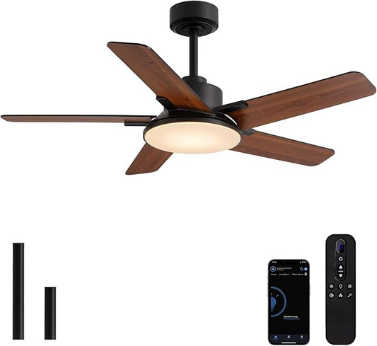 Fanbliss 44 Inch Ceiling Fans with Lights and Remote Control, Modern Ceiling Fan with Dimmable LED, 6 Speeds, Timer, Quiet Reversible DC Motor, Black Ceiling Fan for Bedroom, Living Room and Kitchen