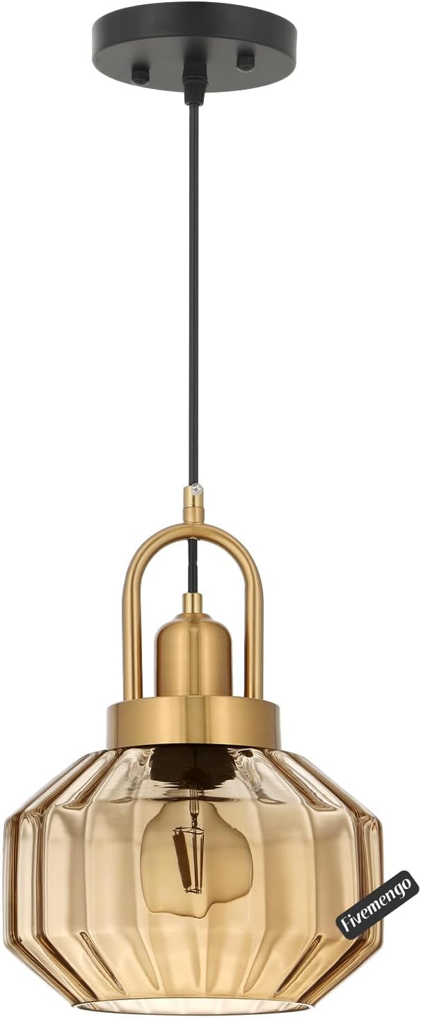 9in Mid Century Modern Amber Glass Pendant Light Fixture Small Gold Globe Kitchen Island Pendant Light with Hand Blown Glass Ceiling Hanging Lamp for Foyer Dining Room Bedroom Entryway