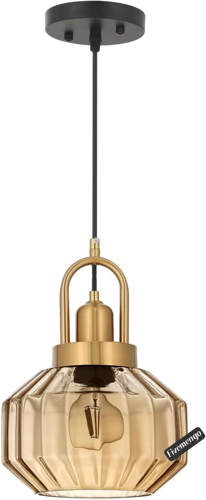 9in Mid Century Modern Amber Glass Pendant Light Fixture, Small Gold Kitchen Island Pendants Light Glass Ceiling Hanging Lamp for Foyer Dining Room Bedroom Entryway Hallway Over Sink