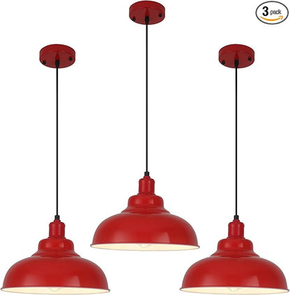 Red Dome Pendant Light 3 Pack, Farmhouse Pendant Lights Kitchen Island, 11.4’’ Industrial Metal Pendant Light Fixtures, Pendant Lighting for Dining Room Hallway Bar, Adjustable Height