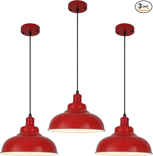 Red Dome Pendant Light 3 Pack, Farmhouse Pendant Lights Kitchen Island, 11.4’’ Industrial Metal Pendant Light Fixtures, Pendant Lighting for Dining Room Hallway Bar, Adjustable Height