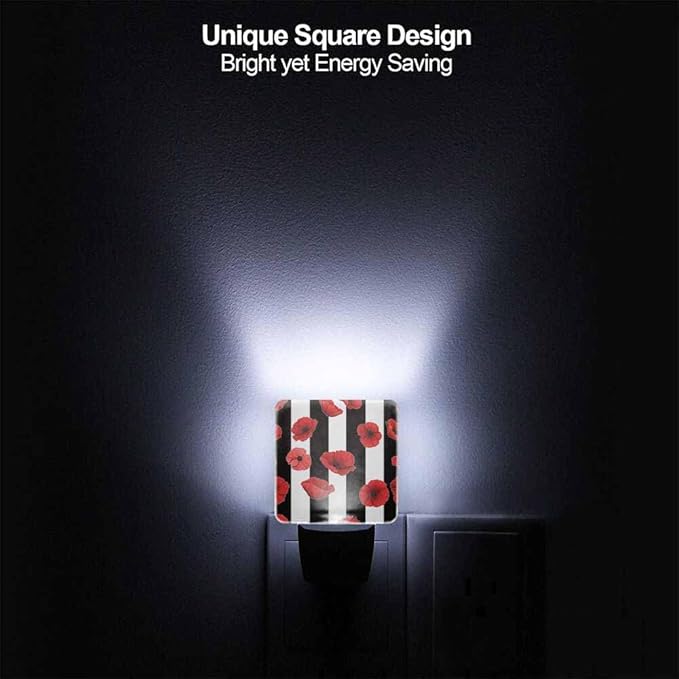 Black and White Stripes Night Light Red Poppy Petals Plug into Wall with Dusk to Dawn Light Sensors 0.5W Warm Nightlights for Bedroom Bathroom Hallway