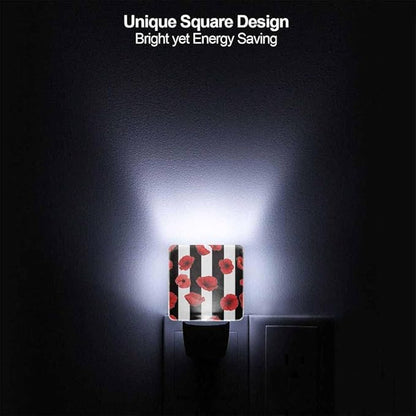 Black and White Stripes Night Light Red Poppy Petals Plug into Wall with Dusk to Dawn Light Sensors 0.5W Warm Nightlights for Bedroom Bathroom Hallway