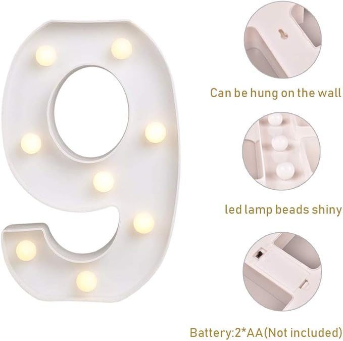 ODISTAR LED Light Up Marquee Letters, Battery Powered Sign Letter 26 Alphabet with Lights for Wedding Engagement Birthday Party Table Decoration bar Christmas Night Home,9’’, White(9)