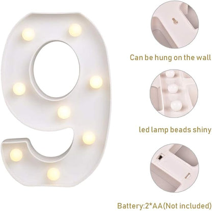 ODISTAR LED Light Up Marquee Letters, Battery Powered Sign Letter 26 Alphabet with Lights for Wedding Engagement Birthday Party Table Decoration bar Christmas Night Home,9’’, White(9)