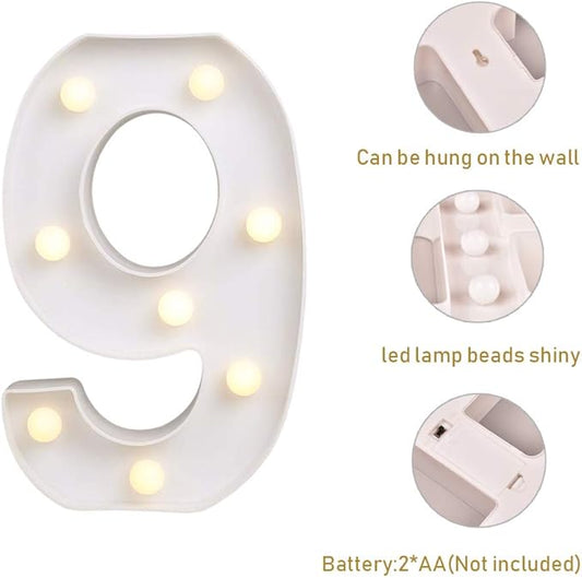 ODISTAR LED Light Up Marquee Letters, Battery Powered Sign Letter 26 Alphabet with Lights for Wedding Engagement Birthday Party Table Decoration bar Christmas Night Home,9’’, White(9)