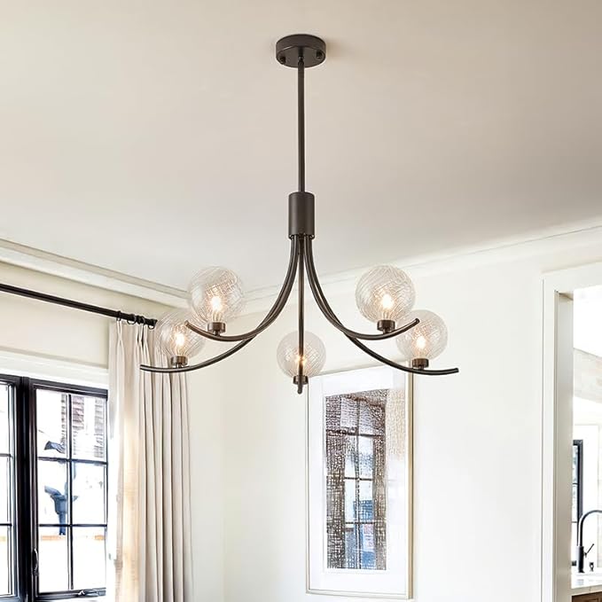 5-Head Black Modern Chandelier with 5 Clear Glass Globe Bulbs, Globe Chandelier, Elegant Lamps with Black Accents, Ceiling Light for Living Room Kitchen Island Bedroom Entryway