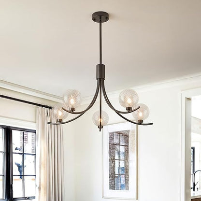 5-Head Black Modern Chandelier with 5 Clear Glass Globe Bulbs, Globe Chandelier, Elegant Lamps with Black Accents, Ceiling Light for Living Room Kitchen Island Bedroom Entryway
