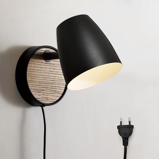 Plug in Wall Sconce Black,Bedside Wall Lamps with Switch,Modern Wood Wall Light for Bedroom with 180°Rotation Metal Shade,Indoor E26 Wall Lamp for Living Room,Dining Room,Hallway,Stairway,Wall Decor