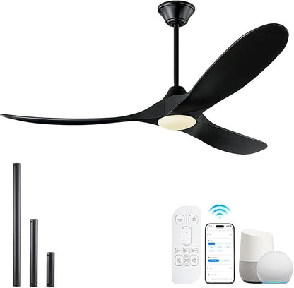 52 Inch Black Smart Ceiling Fan with Lights, Outdoor Ceiling Fan for patio, 3 Blades Wood Ceiling Fan with Quiet Reversible DC Motor, Indoor Exterior Modern Ceiling Fan with Alexa/App/Remote Control