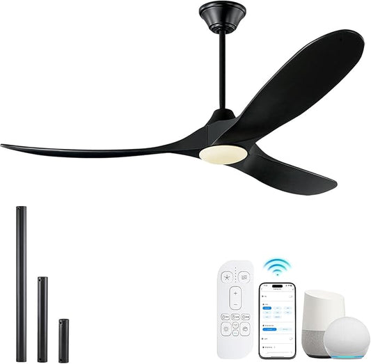 52 Inch Black Smart Ceiling Fan with Lights, Outdoor Ceiling Fan for patio, 3 Blades Wood Ceiling Fan with Quiet Reversible DC Motor, Indoor Exterior Modern Ceiling Fan with Alexa/App/Remote Control