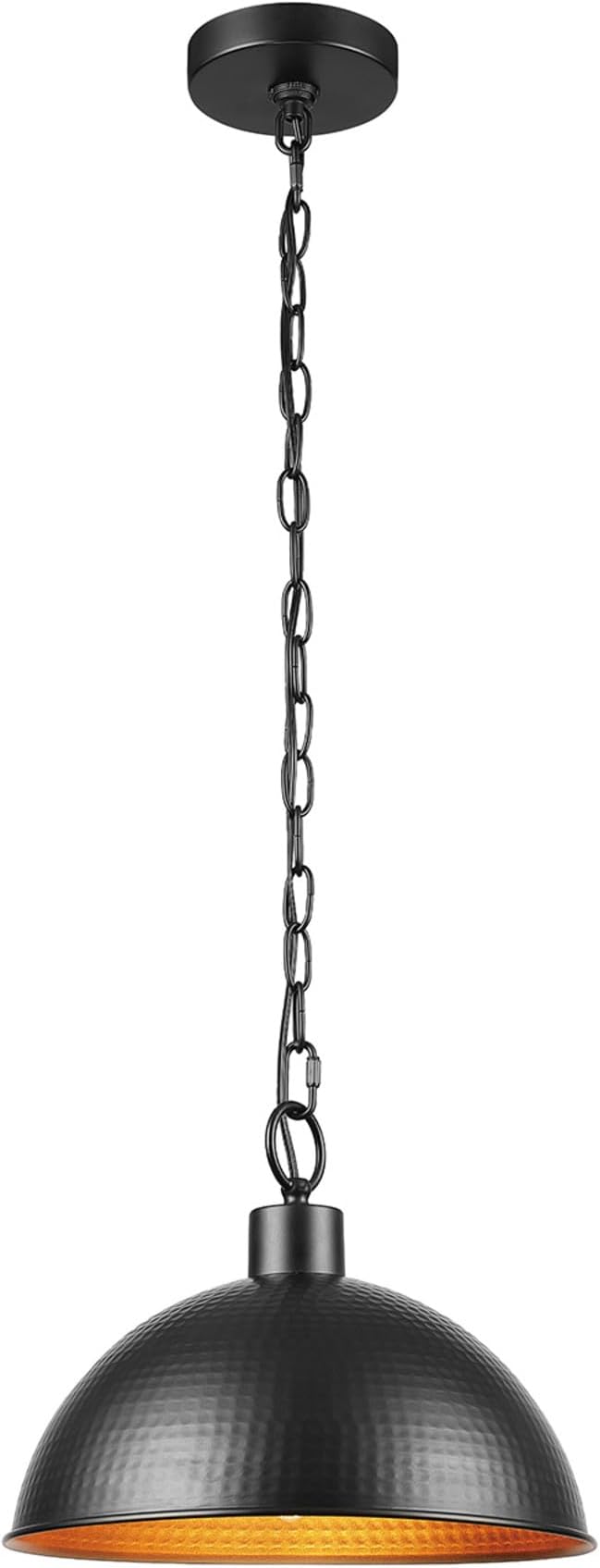 GLOBE Electric 67000100 1-Light Pendant Light Fixture, Weathered Black Finish, Hammered Metal Shade, Gold Interior, Living Room Pendant Light, Dining Room Fixture, Hanging Lights for Bedroom