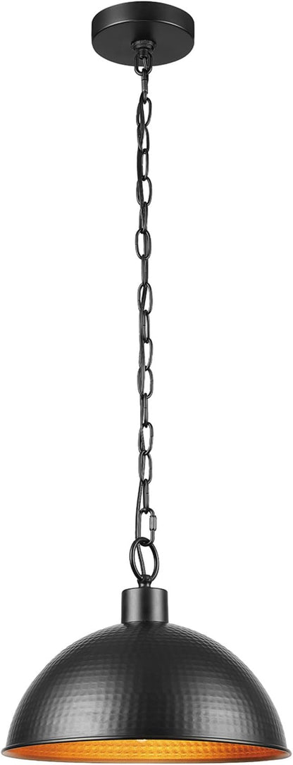 GLOBE Electric 67000100 1-Light Pendant Light Fixture, Weathered Black Finish, Hammered Metal Shade, Gold Interior, Living Room Pendant Light, Dining Room Fixture, Hanging Lights for Bedroom