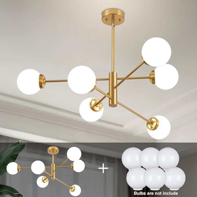 Sputnik Chandelier, Gold Modern Chandeliers, Mid Century Ceiling Lighting Fixture 6-Lights with Milk White Glass Shade for Living Room, Kitchen, Bedroom, Dining Room, and Farmhouse